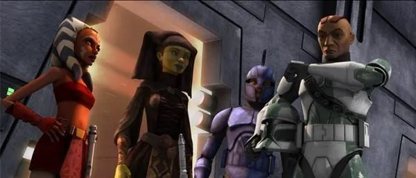 Le Commandant Gree aux côtés de Ahsoka Tano, Luminara Unduli et du Capitaine Argyus.