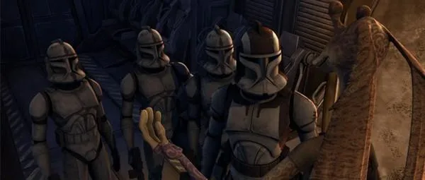 Trois clones de la Garde de Coruscant, sous les ordres du Commandant Stone, et le Représentant Binks.