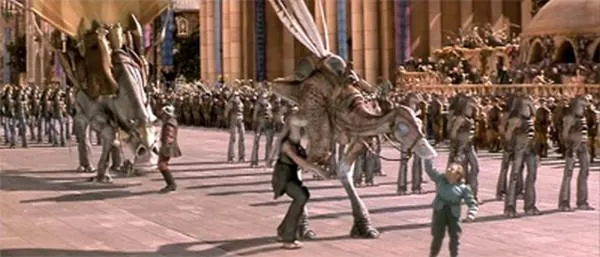 Dams Denna aide le Général Jar Jar Binks à descendre de son Kaadu.