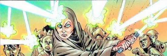 Maître Du Mahn fait usage de la Force pour protéger le Clan des Hawkbats Volants.