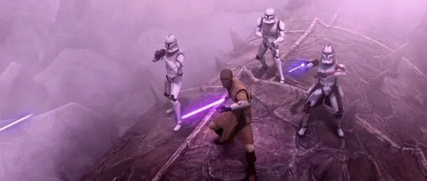 Hawkeye et ses frères aux côtés du Général Jedi Mace Windu sur le corps de la Bête Zillo.