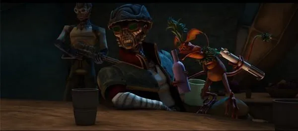 Hondo Ohnaka et son Singe-lézard Kowakien, baptisé Pikk Mukmuk.