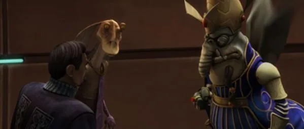 Katuunko révèle son stratagème à Organa et Binks.  