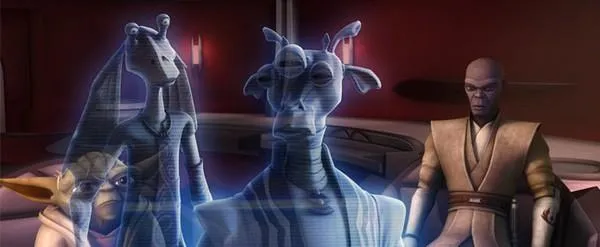 Le Représentant Jar Jar Binks et le Sénateur Kharrus.