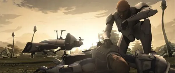 Le Soldat Clone Kix et le Capitaine Rex blessé. 