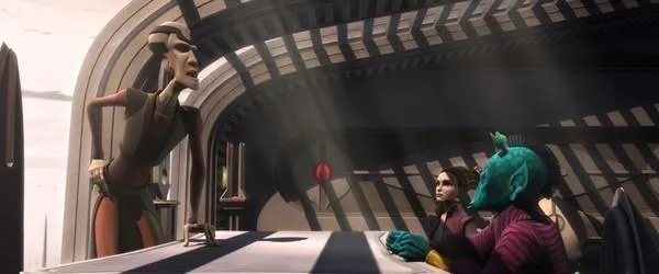 Le Représentant Mak Plain face à Padmé Amidala et Onaconda Farr.