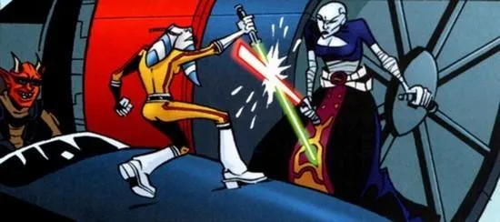 Maxus assiste à un duel entre Ventress et Tano aux commandes de son Podracer. 