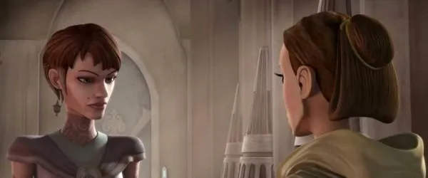 La Sénatrice Séparatiste de Raxus Mina Bonteri face à la Sénatrice de Naboo Padmé Amidala. 