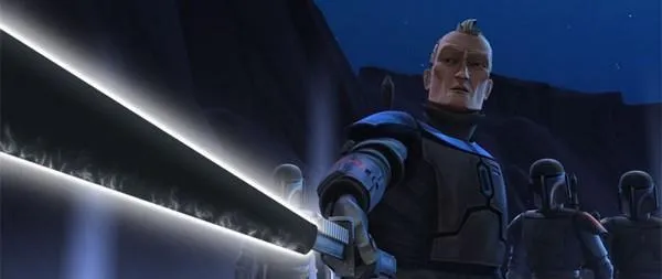 L'Overlord Vizsla s'apprête à affronter le Maitre Jedi Kenobi. 