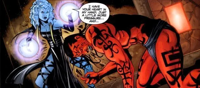 Saarai tenant le puissant Darth Stryfe à sa merci