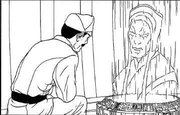 Le capitaine Kenit, genou à terre, devant l'hologramme de Sate Pestage