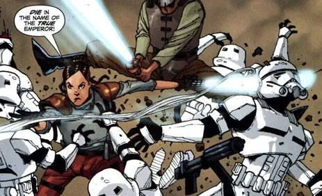 Sigel Dare en train de combattre des impériaux alliés aux Sith sur Mon Calamari