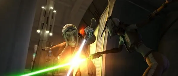 Maître Sinube désarme la Terellian jango jumper Cassie Cryar.