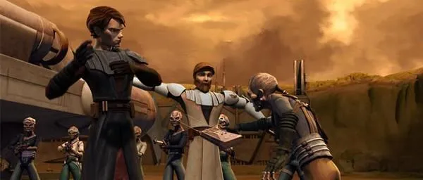 Turk Falso passe au scanner Obi-Wan Kenobi et Anakin Skywalker sur Florrum. 