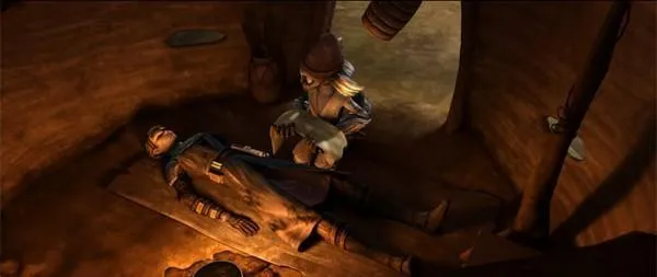 Wag Too prodiguant les premiers soins à Anakin Skywalker. 