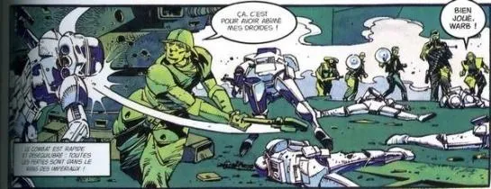 Warb y va de bon coeur contre les stormtroopers qui abîment ses droïdes