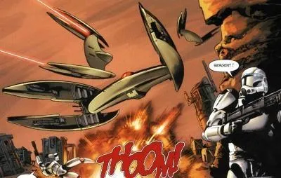 Des Chasseurs Droïdes tentent de foudroyer de leurs rayons lasers les RC