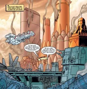 Le Tantive IV se posant dans la capitale bombardée