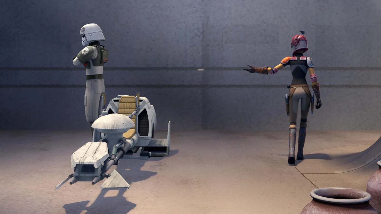 Sabine préparant l'explosion d'un Speeder Bike Impérial