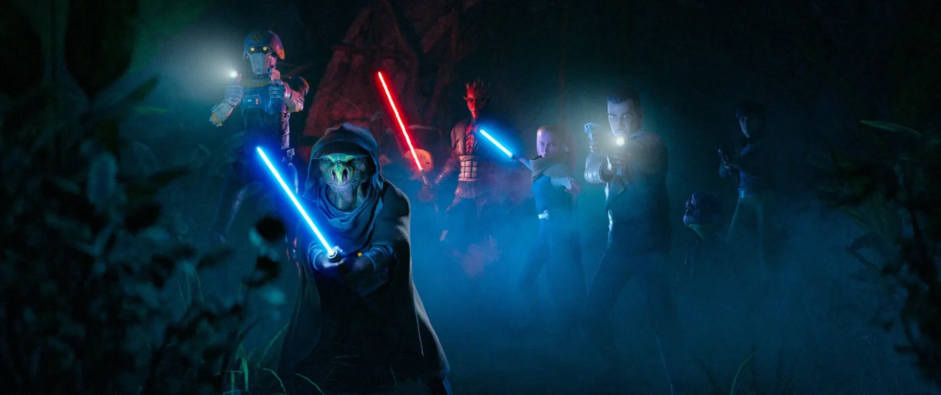 Le groupe de fugitifs s'opposant à Darth Vader