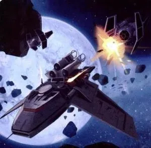 Canonnière X4 se défendant contre deux TIE Aggressor