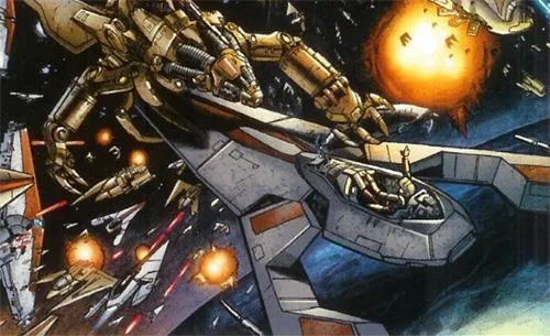 Un Chasseur Aurek se fait détruire par un vaisseau mandalorien