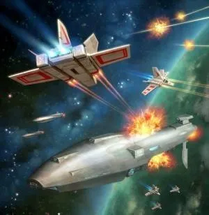 Croiseur Dauntless subissant les attaques d'un escadron de Toprilleurs XG-1