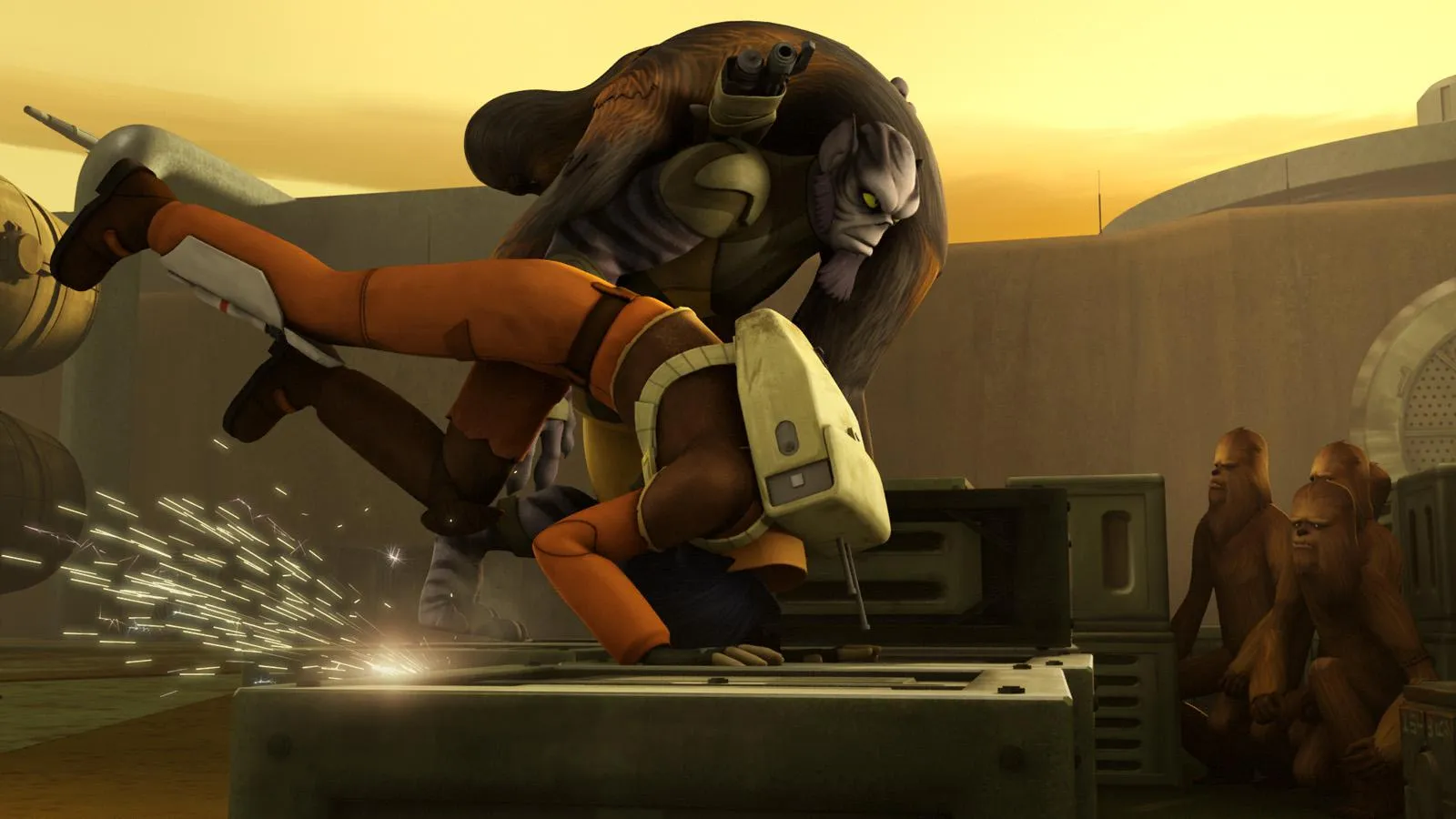 Zeb portant Wullffwarro avec Ezra sur Kessel