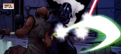 Le Chevalier Jedi Sha Koon affronte l’Apprenti Sith Darth Vader. 