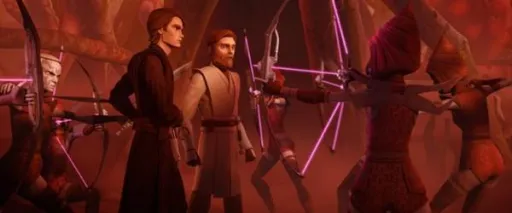 Anakin Skywalker et Obi-Wan Kenobi encerclés par les Sœurs de la Nuit. 