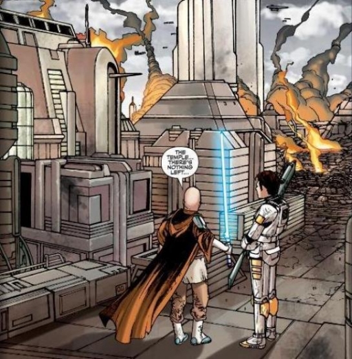 Orgus et Tavus constatant le départ des Sith et la disparition du Temple.