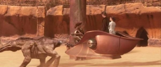 Le Padawan Anakin Skywalker et la Sénatrice de Naboo Padmé Amidala à bord d'un Chariot d'Exécution.