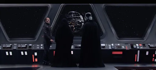 Tarkin présente l'avancement des travaux de l'Etoile Noire à Darth Vader et à Palpatine